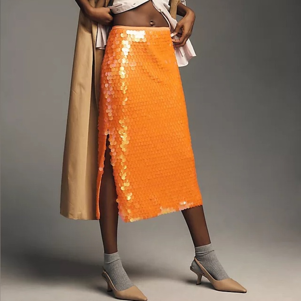 Anthropologie Orange Sequin Midi Skirt